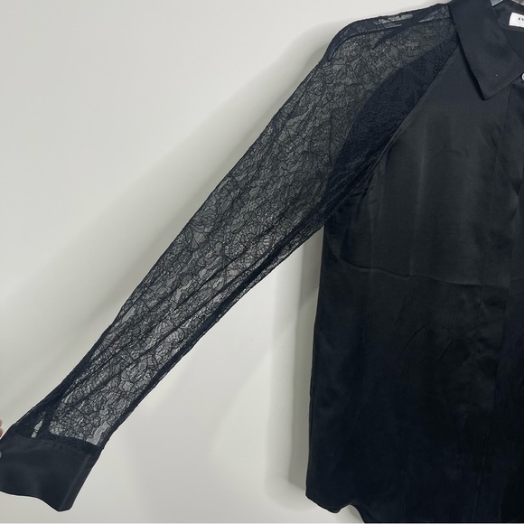 Equipment Femme Iridescent Black 100% Silk Lace Sleeves Minimalist Goth Blouse - Picture 4 of 15